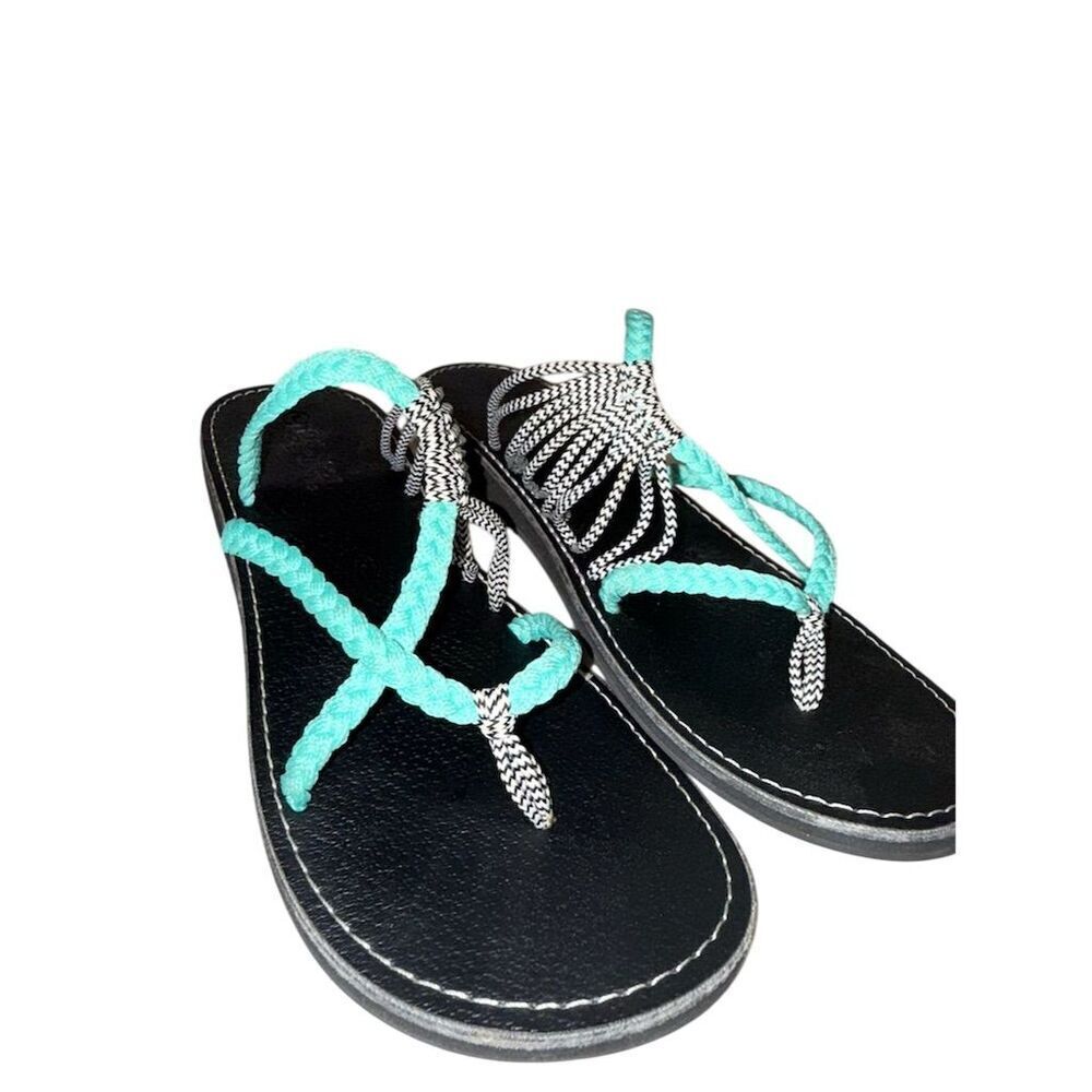 Plaka Braided Flat Sandals Black Teal Women's Size 9
